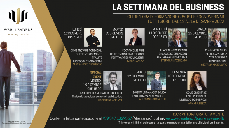La settimana del business dal 12 al 18 dicembre, webinar gratuiti sul web marketing