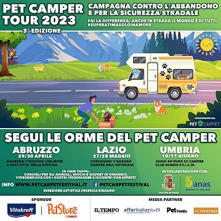Al via pet camper tour. l'associazione pet carpet, polizia di stato, anas, insieme contro l'abbandono e per la sicurezza stradale. terza edizione on the road con diverse tappe nel centro italia.